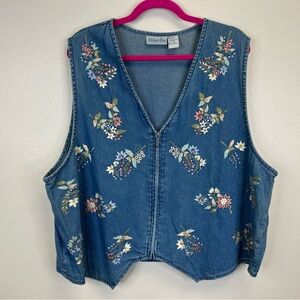 Willow Bay Vintage 90s Denim Vest Floral Embroidered Womens 3X Grandmacore Plus
